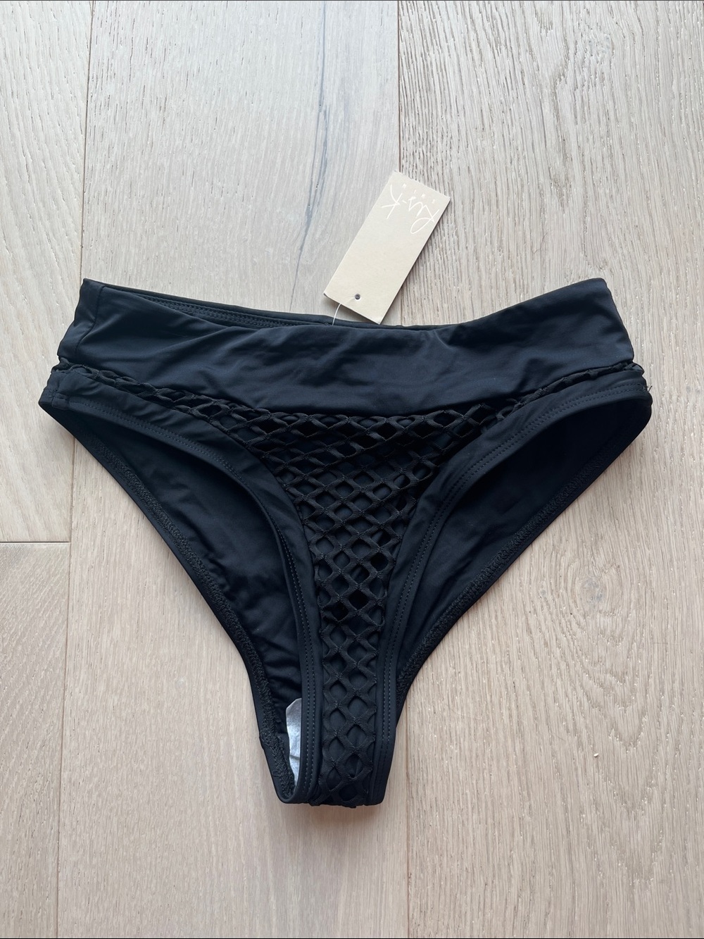Dippin Daisy’s Black High-Cut Bikini Bottom with Mesh Detail